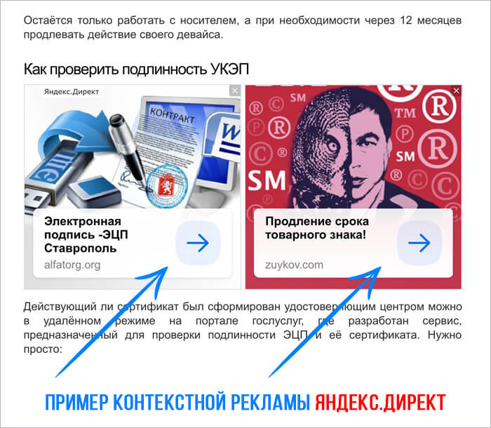 Пример контекстной рекламы Яндекс Директ на сайте